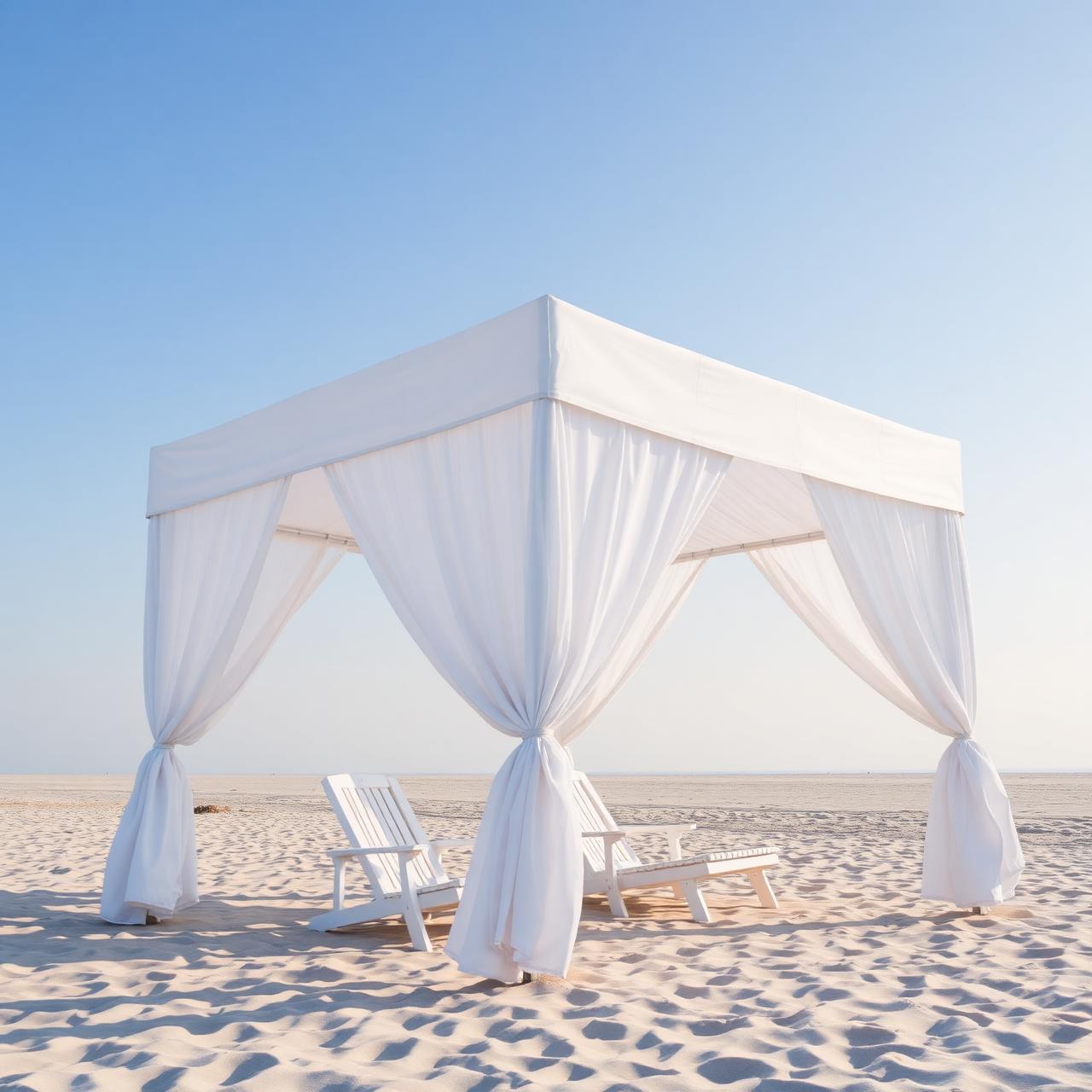 A pristine white 10x10 cabana on Oak Island sand