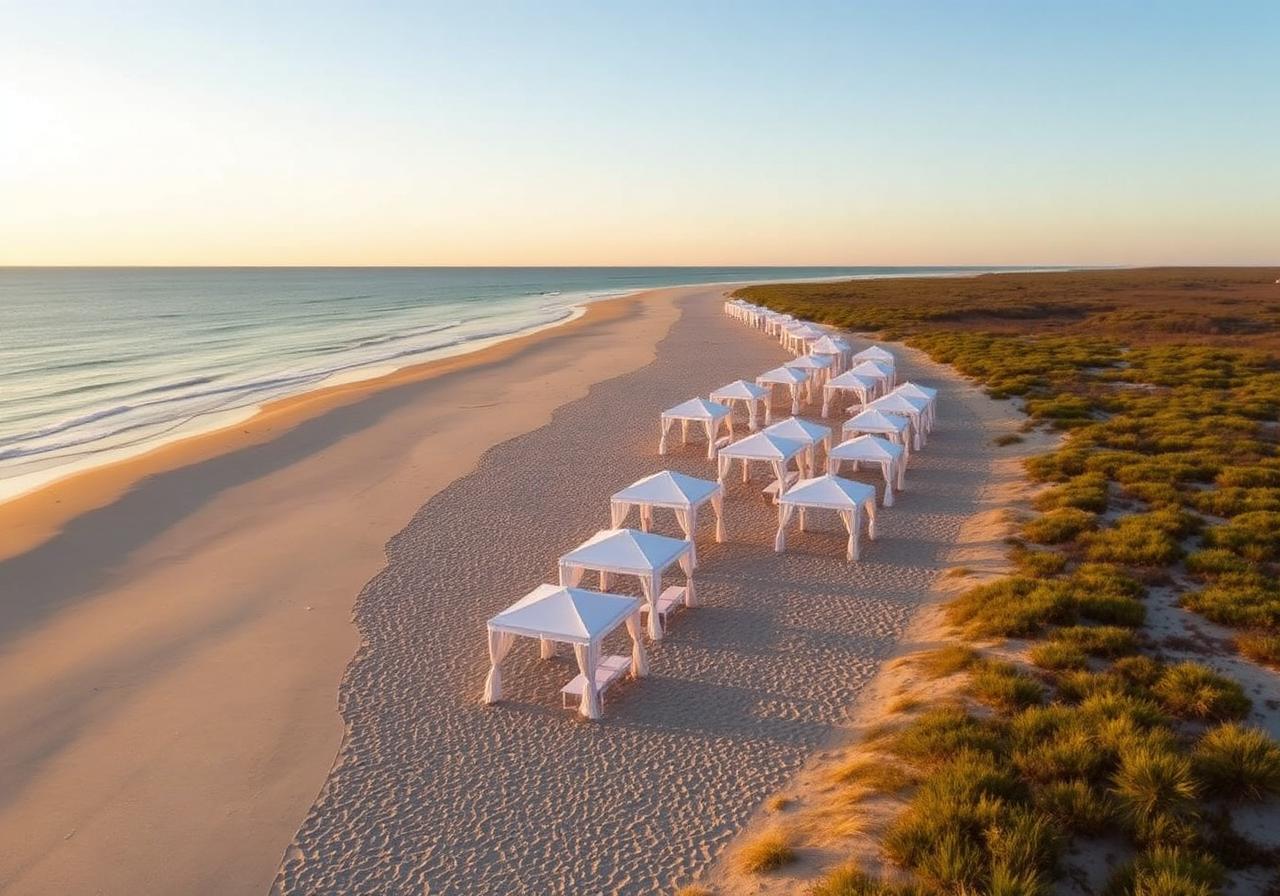 Row of cabanas at sunrise