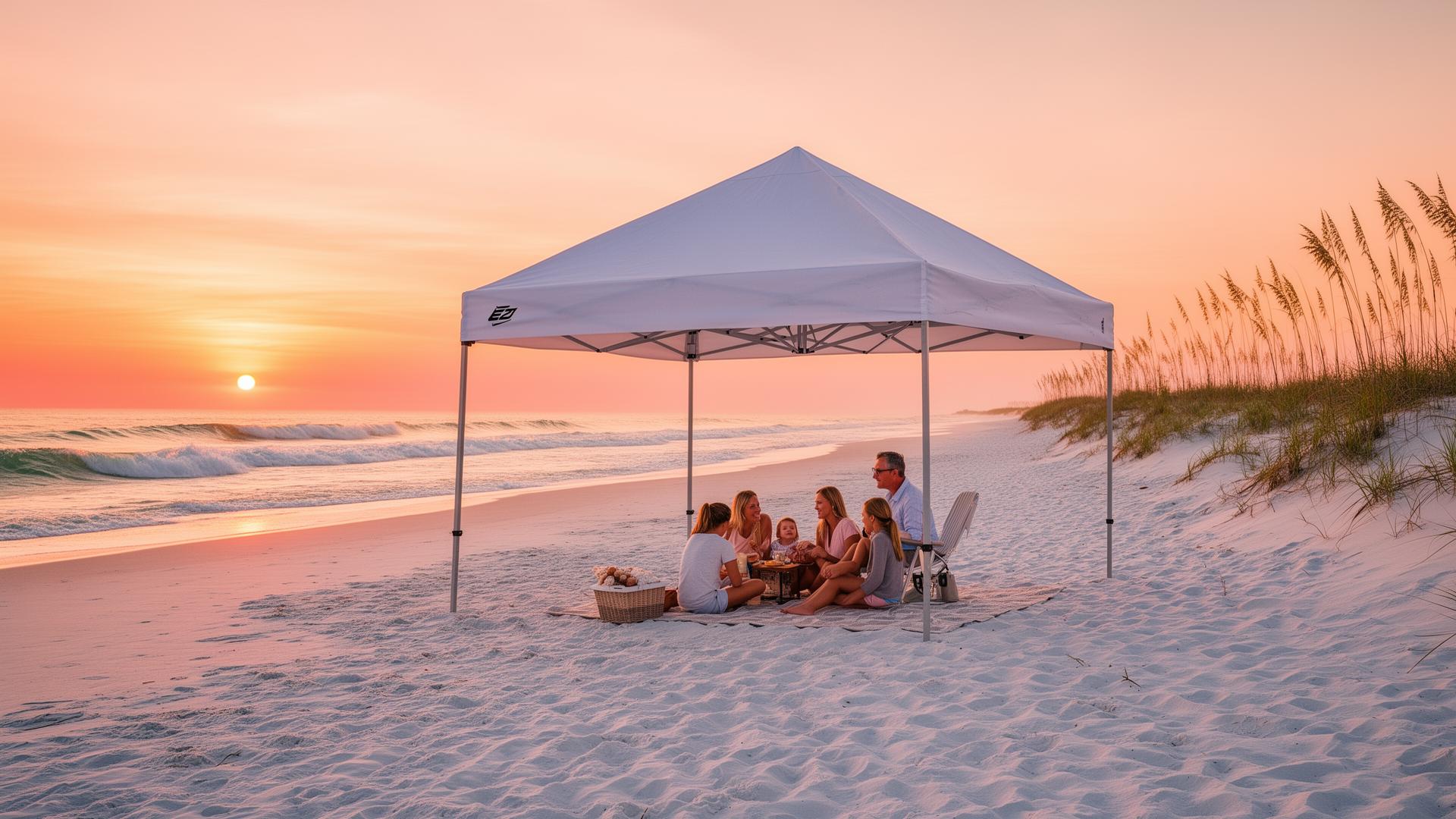 Family relaxing under a Seabreeze cabana at golden hour on Oak Island